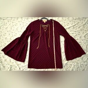 MK blouse - wine red and gold - flared sleeves - Sz S